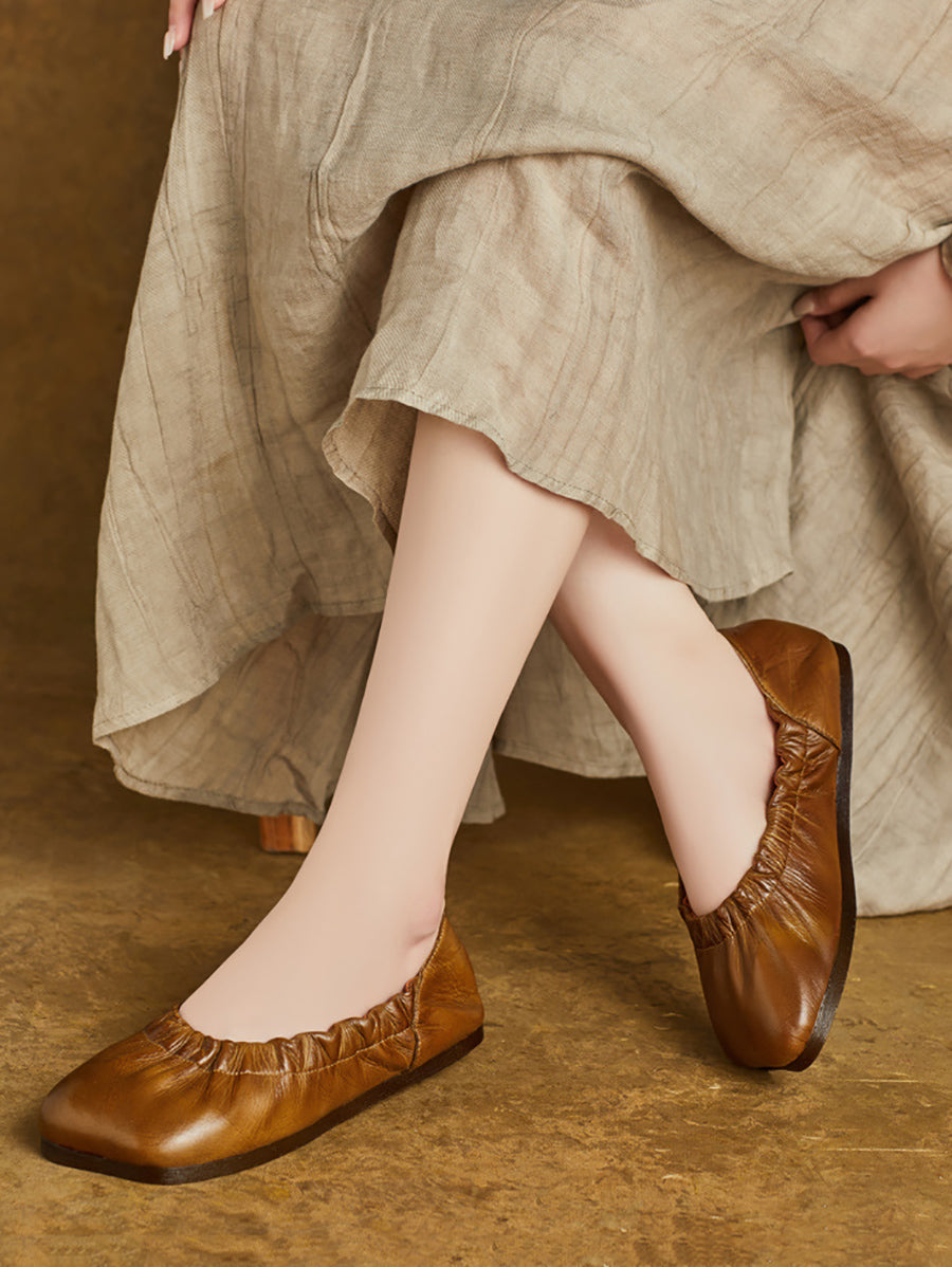 Women Summer Pure Color Soft Leather Flat Shoes