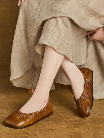 Women Summer Pure Color Soft Leather Flat Shoes