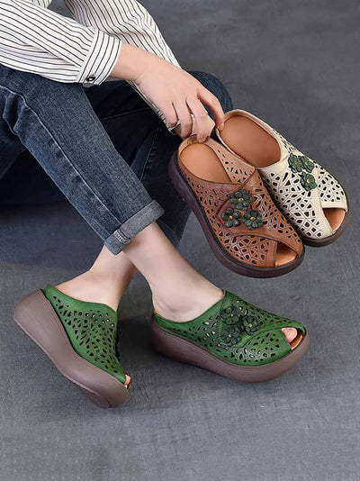Women Ethnic Flower Leather Hollow Out Platfrom Slippers