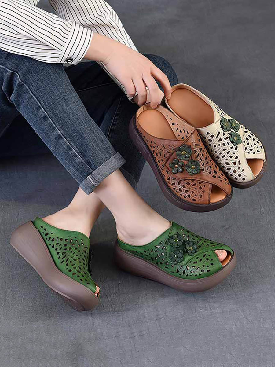 Women Ethnic Flower Leather Hollow Out Platfrom Slippers