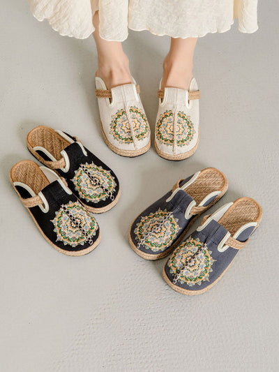 Women Summer Flower Embroidery Linen Slippers