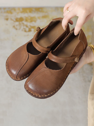 Women Vintage Leather Spliced Low Heel Flat Shoes