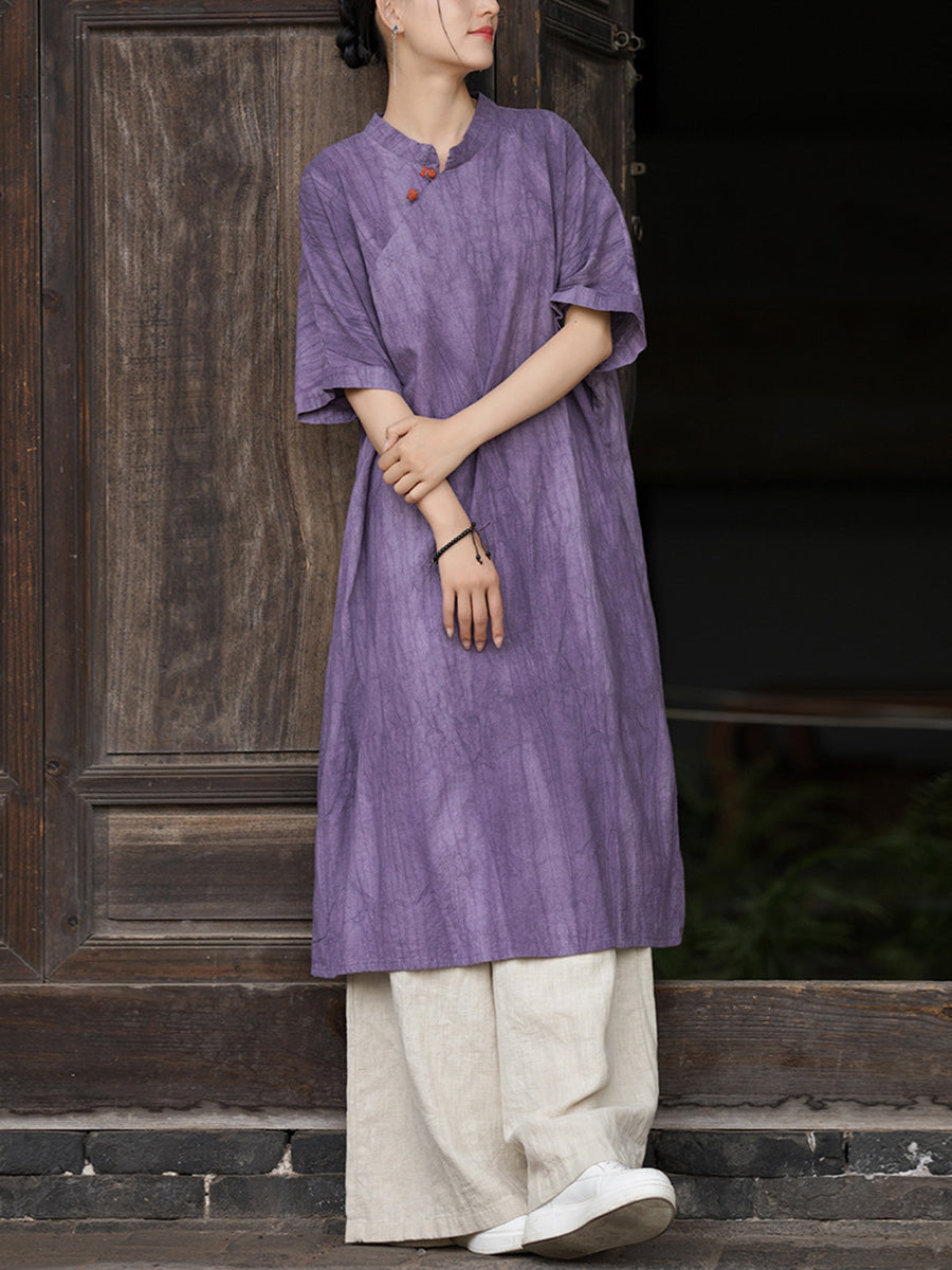 Women Summer Artsy Tie-dye Stand Collar Ramie Dress