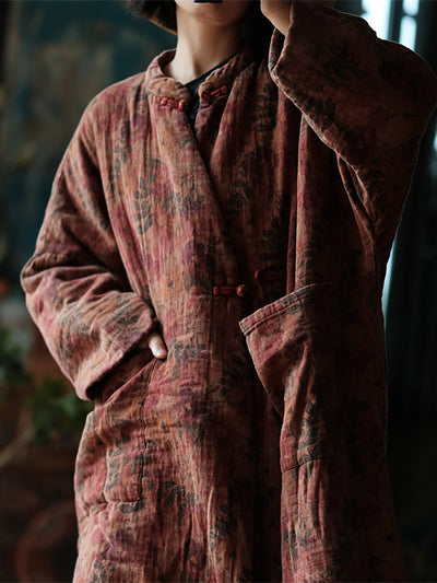 Women Retro Flower Buckle Cotton Padded Coat