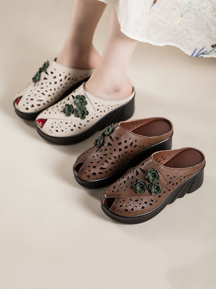 Women Summer Hollow Out Leather Platform Slippers