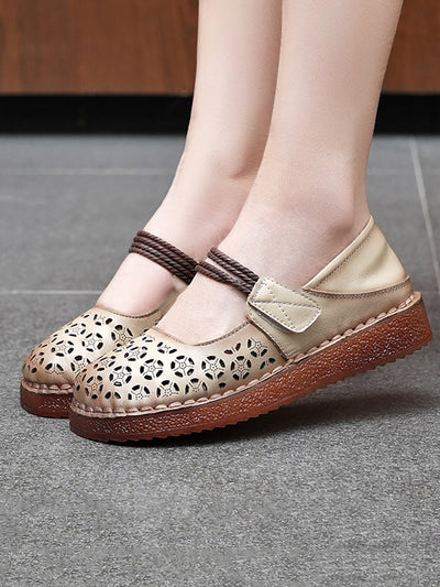 Women Rtro Genuine Leather Hollow Out Low Heel Shoes