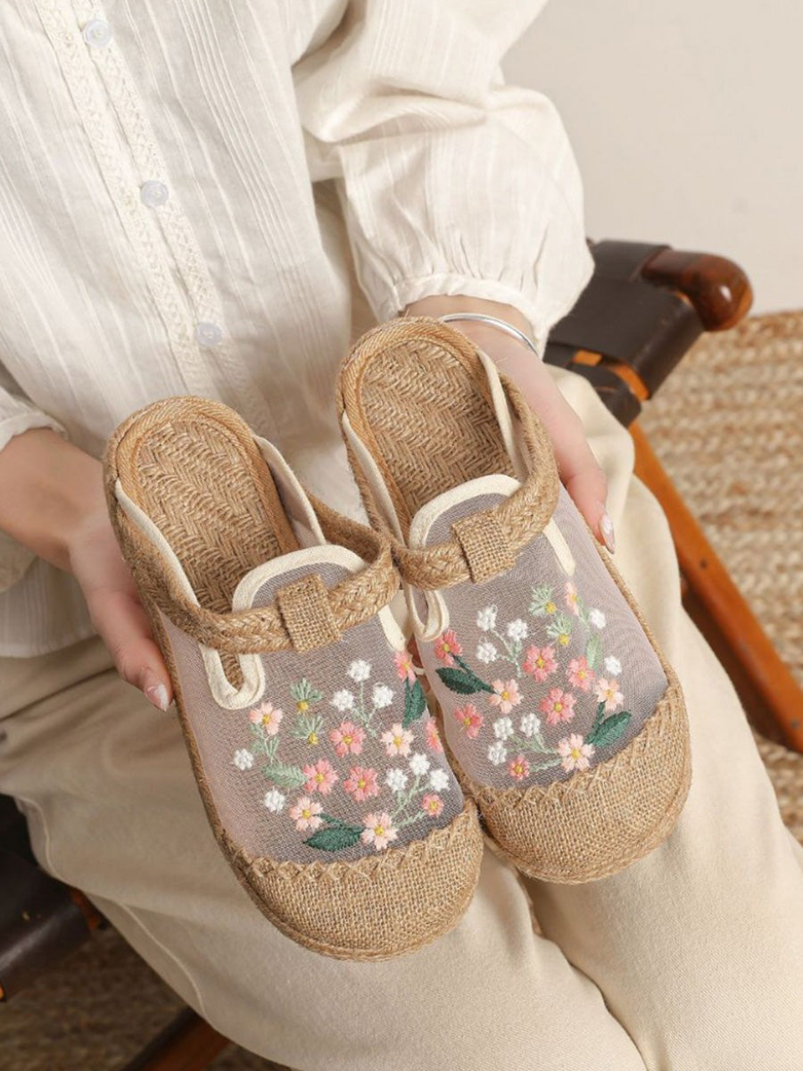 Women Ethnic Summer Flower Embroidery Cloth Flat Slippers