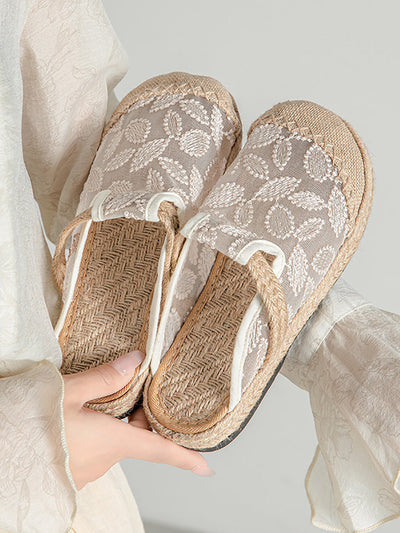 Women Summer Ethnic Linen Flower Embroidery Flat Shoes