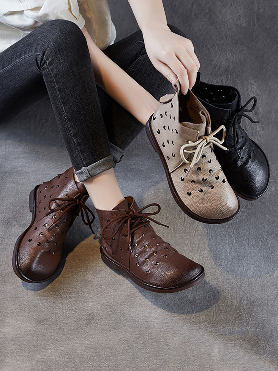 Women Summer Genuine Leather Hollow Out Ankle Boots