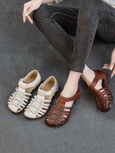 Women Vintage Summer Leather Cross Weave Sandals