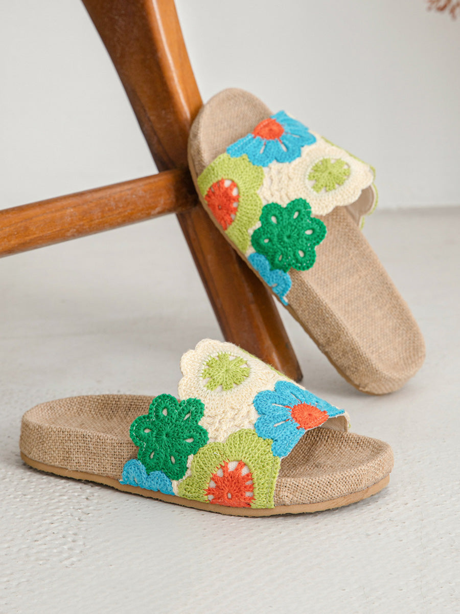 Women Summer Linen Knitted Flower Spliced Slippers