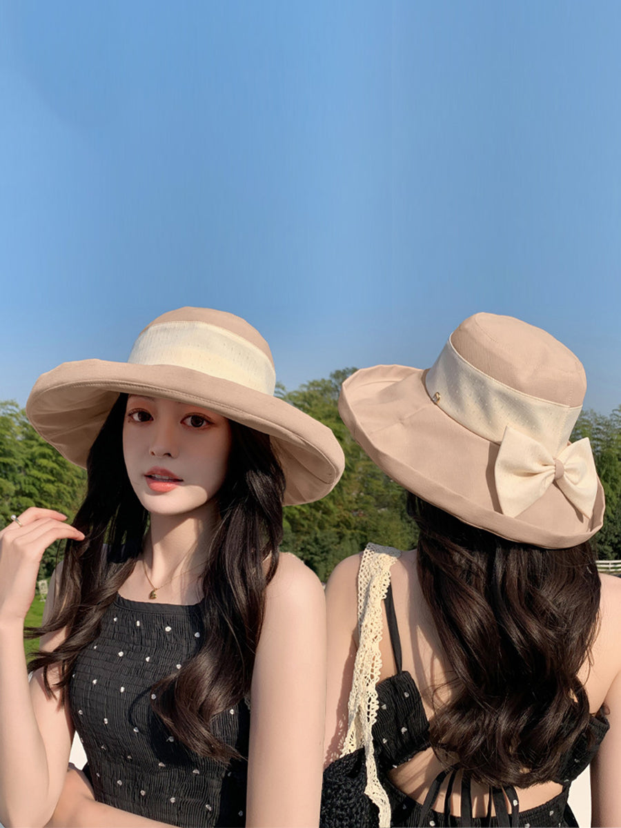 Women Summer Sunproof Colorblock Bowknot Hat