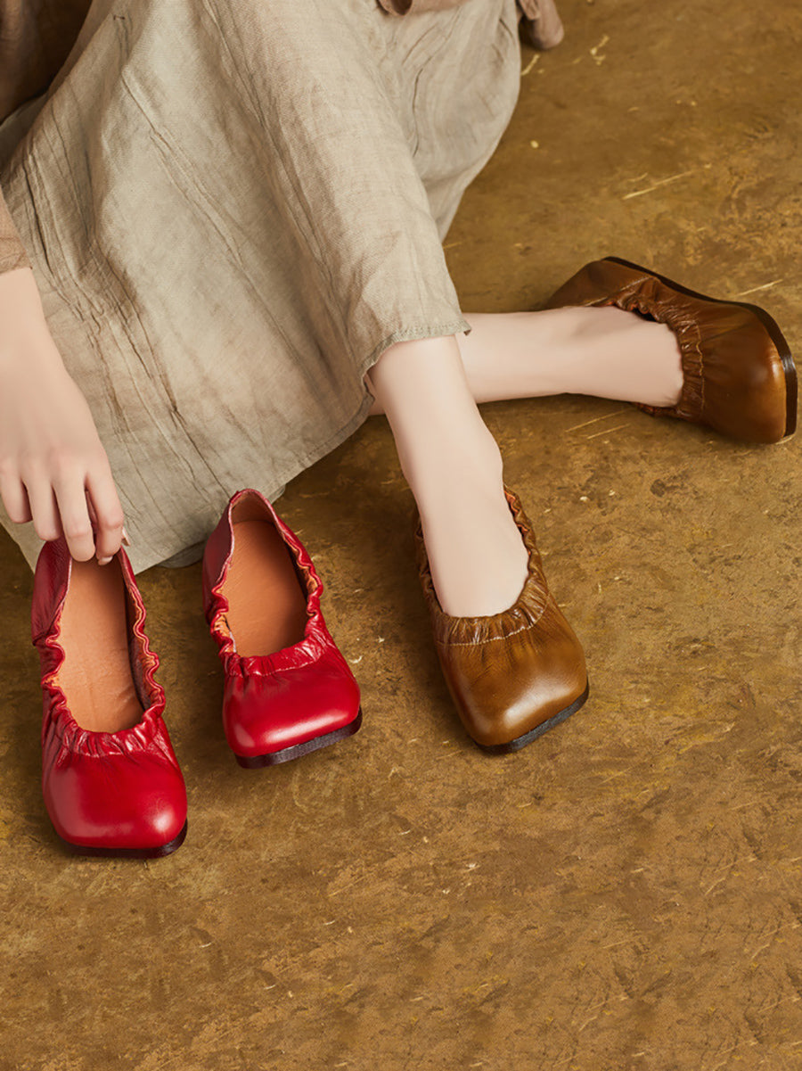 Women Summer Pure Color Soft Leather Flat Shoes