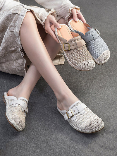 Women Summer Weave Leather Spliced Slippers