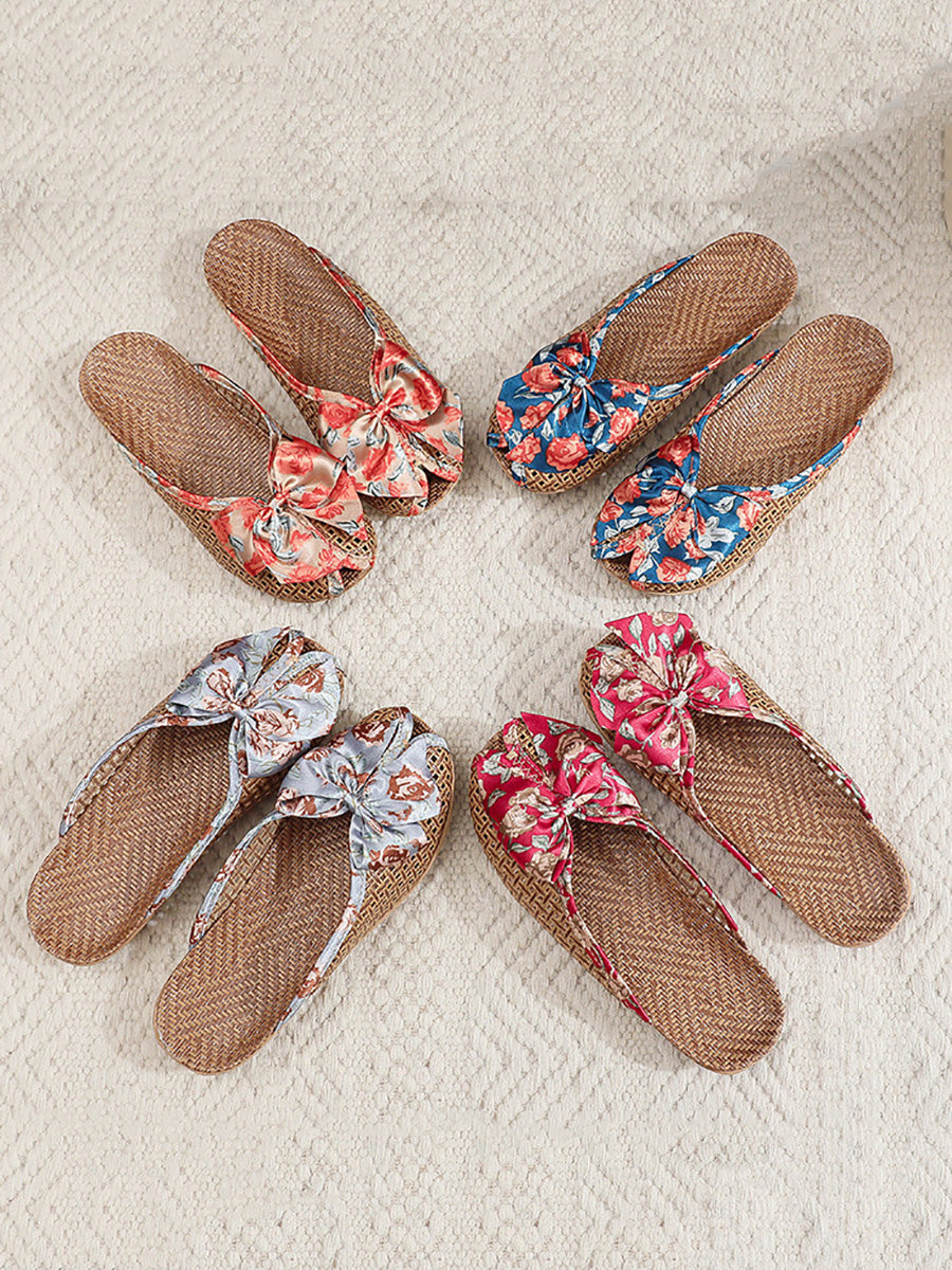 Women Ethnic Straw Weave Flower Bowknot Indoor Slippers