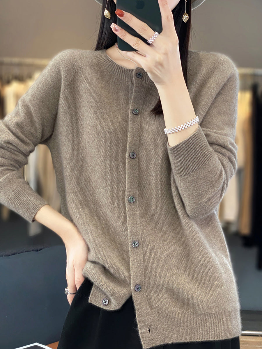 Women Autumn Wool O-Neck Cardigan Knit Sweater