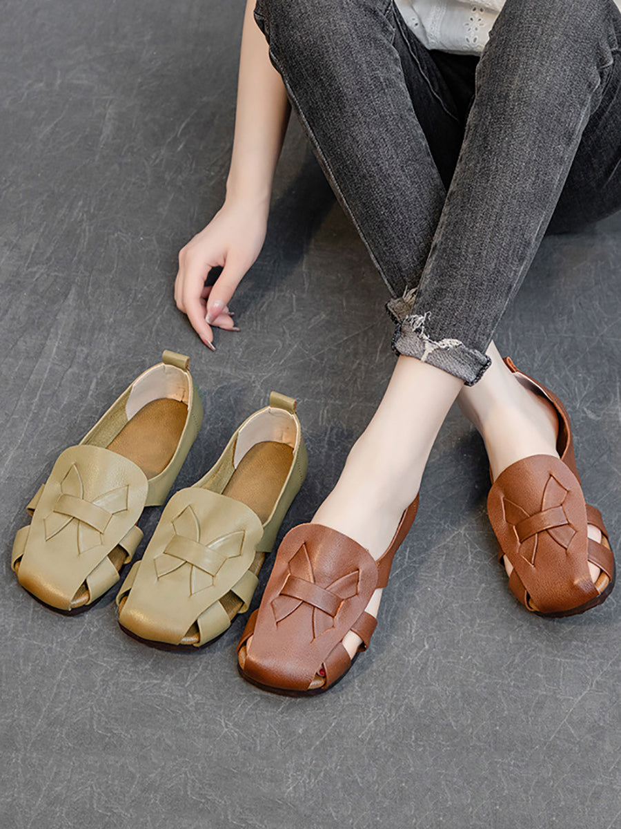 Women Summer Solid Vintage Leather Hollow Out Soft Shoes