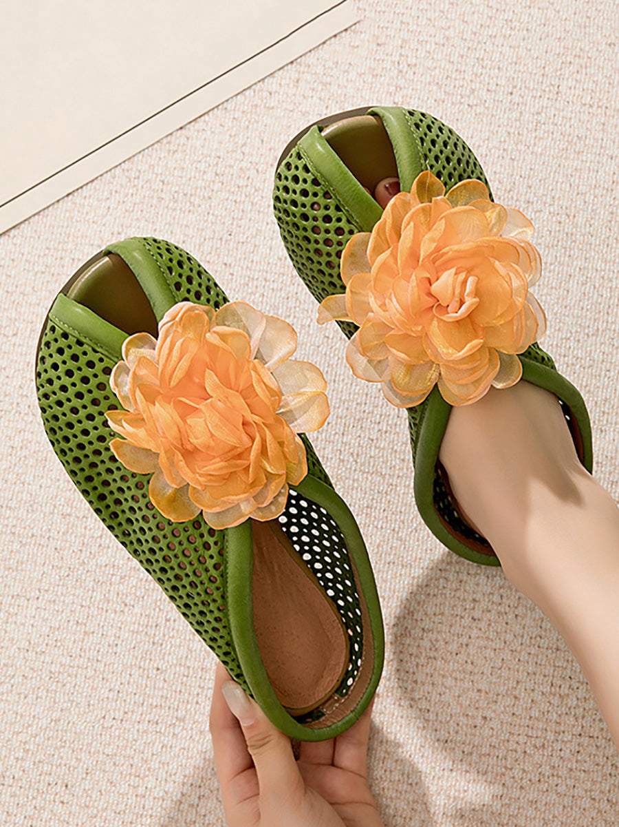 Women Casual Summer Genuine Leather Flower Sandals