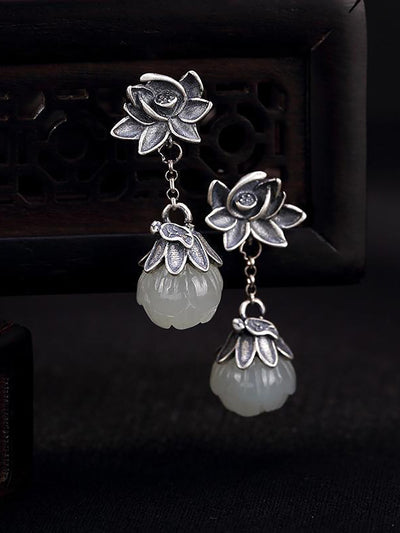 Women Vintage Allot Lotus Jade Earrings