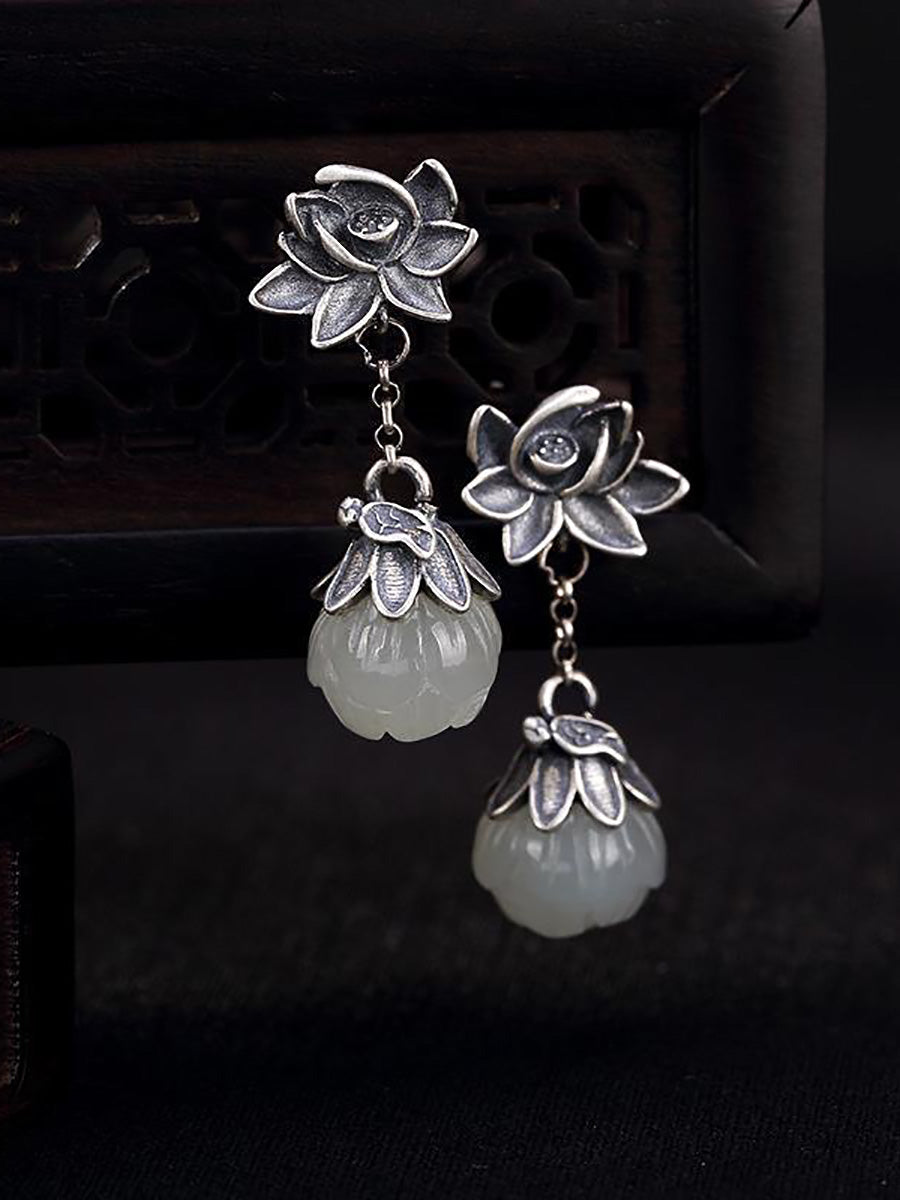 Women Vintage Allot Lotus Jade Earrings