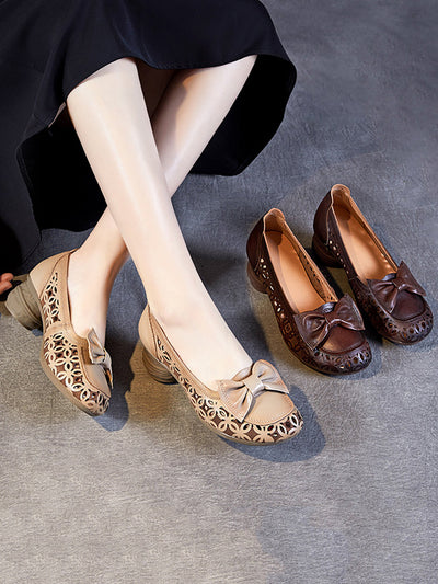 Women Summer Leather Flower Hollow Out Bowknot Shoes
