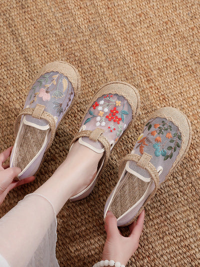 Women Ethnic Flower Embroidery Linen Shoes