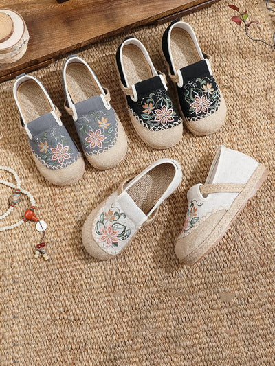 Women Summer Artsy Flower Embroidery Flat Shoes