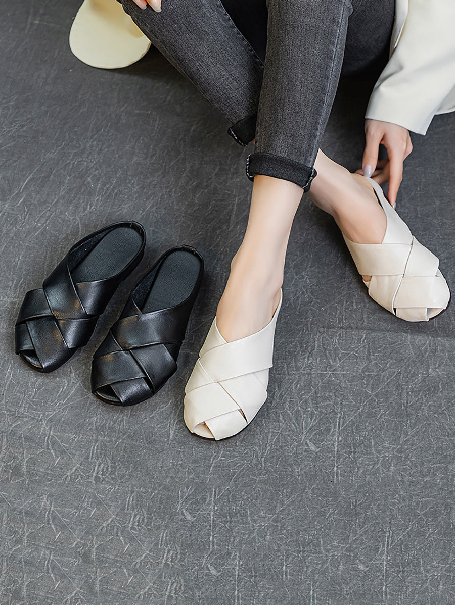 Women Summer Soft Leather Low Heel Weave Slippers