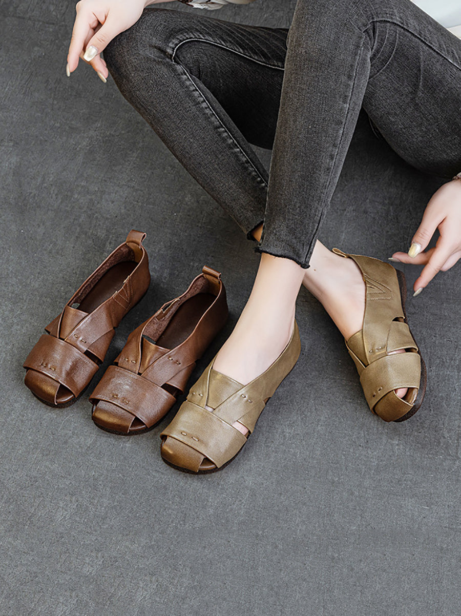 Women Vintage Genuine Leather Flat Sandals