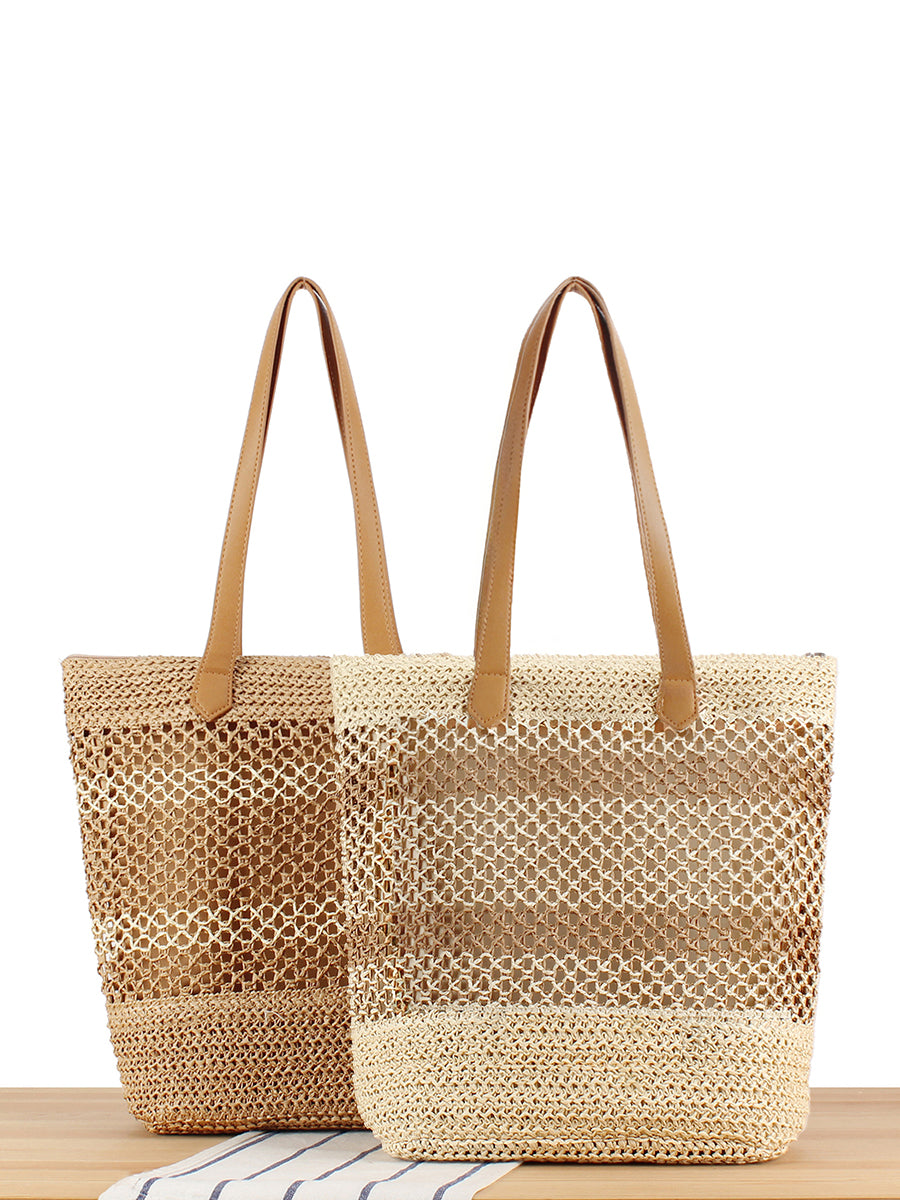 Women Casual Colorblock Straw Weave Shoulder Bag