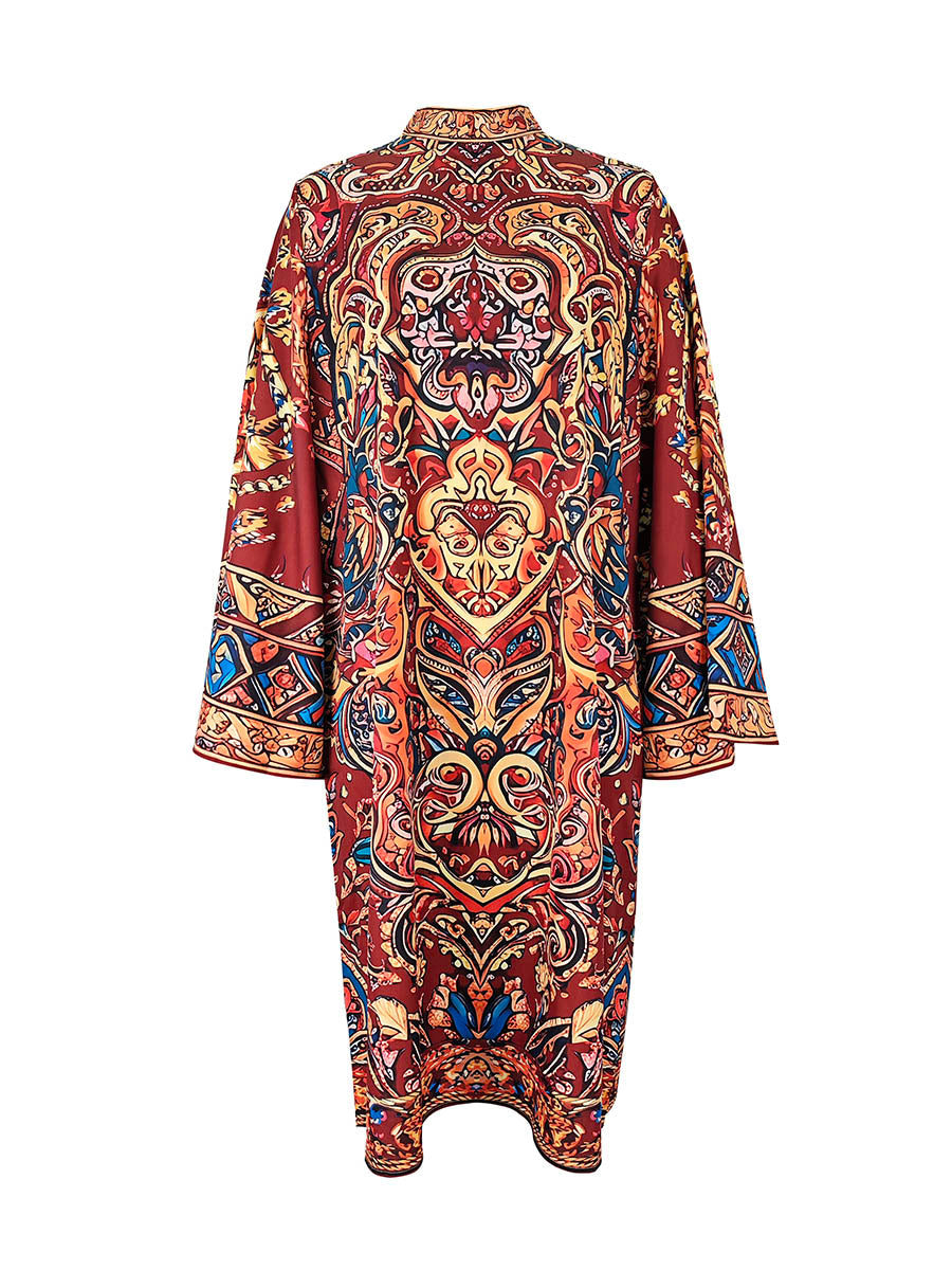 Long Sleeves Loose Contrast Color Printed Mock Neck Midi Dresses