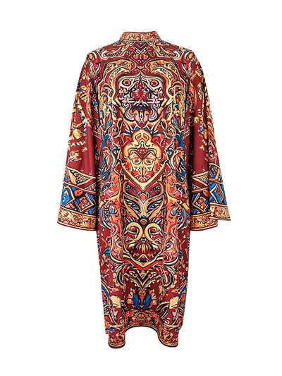 Long Sleeves Loose Contrast Color Printed Mock Neck Midi Dresses
