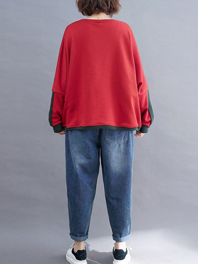 Artistic Retro Loose Triangle Applique Contrast Color Round-Neck Long Raglan Sleeves Sweatshirt