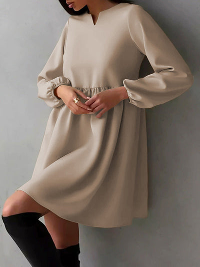 Loose Puff Sleeves Elasticity Pleated Solid Color Split-Joint Round-Neck Mini Dresses