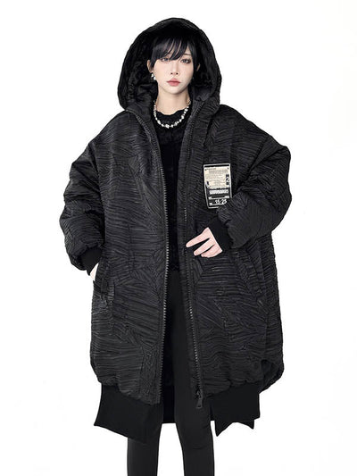 High-Low Irregularity Abstract Printed Contrast Color Split-Joint Zipper Hooded Outerwear Overcoat