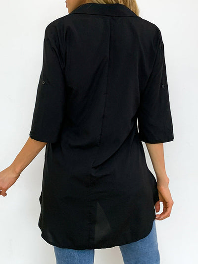 Half Sleeves Loose Pleated Solid Color Split-Joint Split-Side Lapel Blouses&Shirts Tops