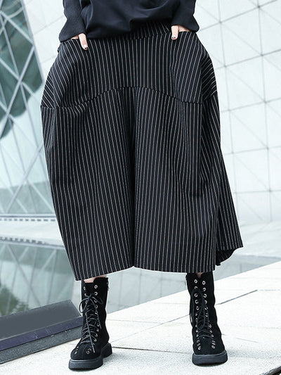 High Waisted Loose Elasticity Pockets Striped Culotte Pants