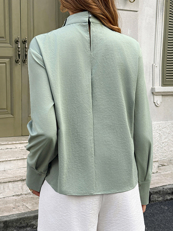 Long Sleeves Loose Buttoned Pleated Solid Color Mock Neck Blouses&shirts Tops