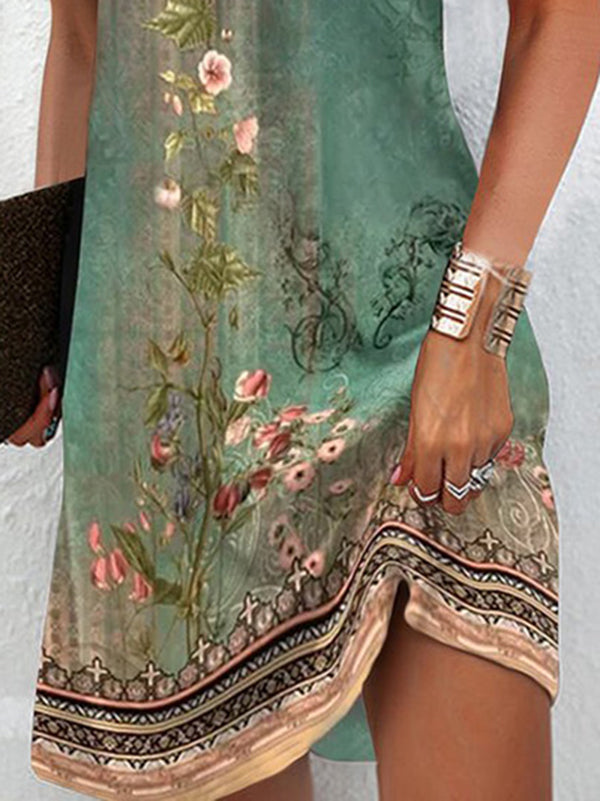 Loose Plus Size Floral Printed Split-Joint V-Neck Mini Dresses