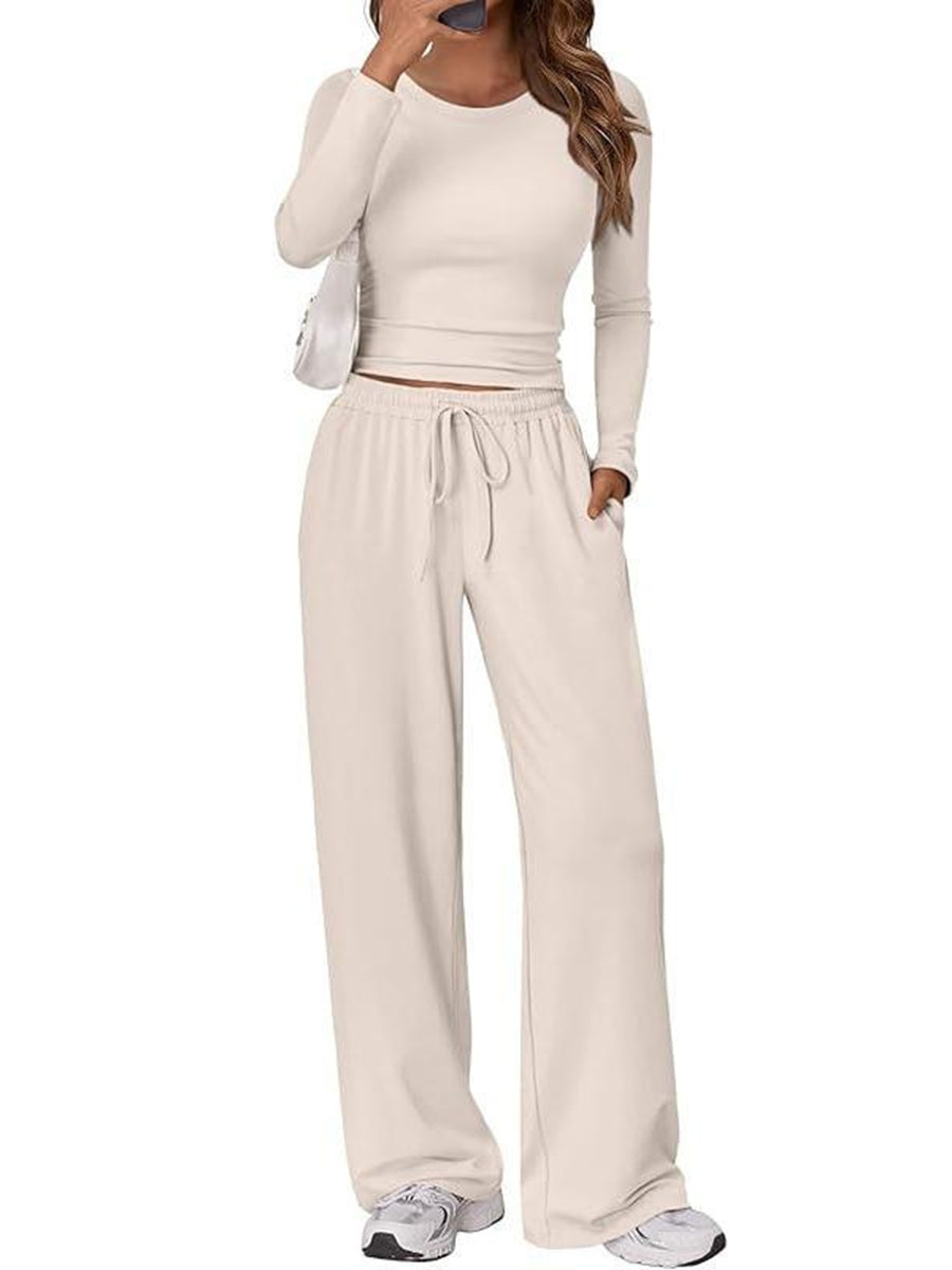 Solid Color Pleated Round-Neck T-Shirts Tops +  Elasticated Waist High Waisted Drawstring Pants Two Pieces Set