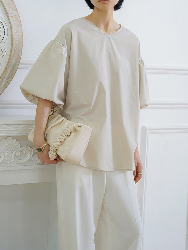 Half Sleeves Loose Solid Color V-Neck Blouses&Shirts Tops