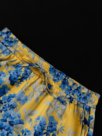 Loose Printed Split-Joint Deep V-Neck Lace-Up Blouse + Drawstring Elasticity Pants Trousers Two Pieces Set