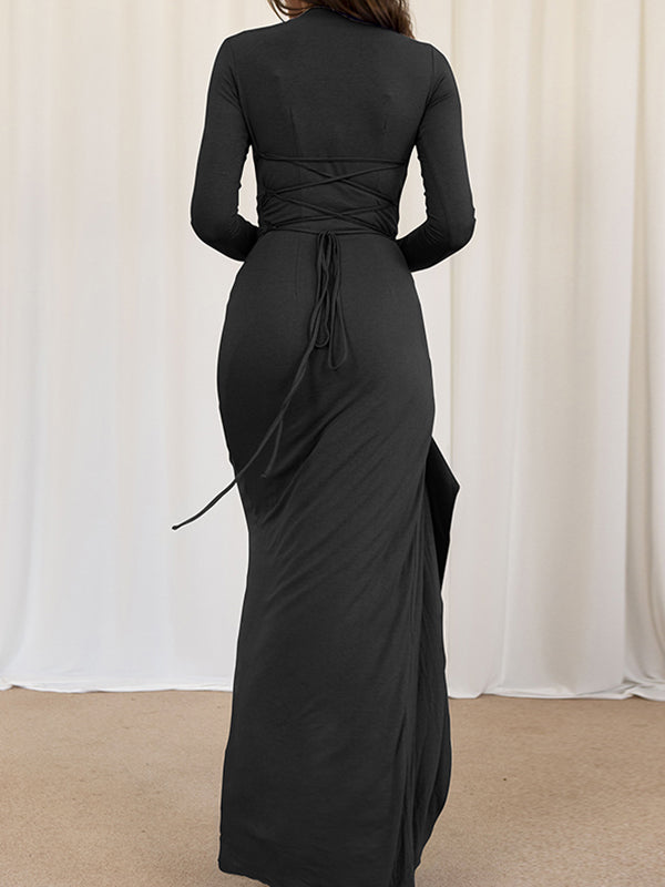 Bodycon High Waisted Asymmetric Pleated Ruffled Solid Color Split-Joint Round-Neck Maxi Dresses