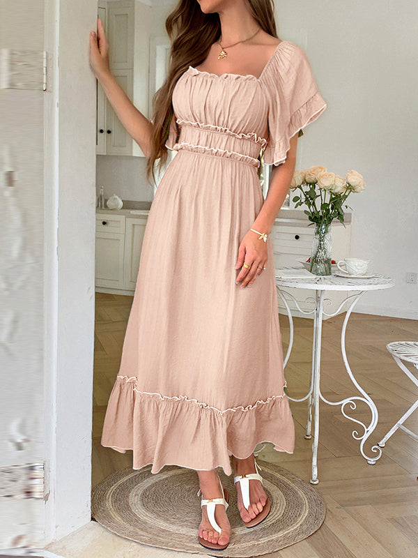 A-Line High Waisted Pleated Ruffle Trim Split-Joint Zipper Square-Neck Midi Dresses