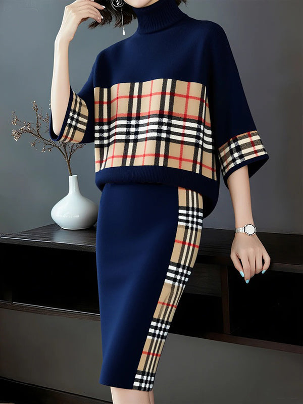 Loose Three-Quarter Sleeves Plaid Pullovers Sweater Tops