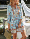 A-Line Loose Buttoned Contrast Color Flower Print Pleated V-Neck Mini Dresses