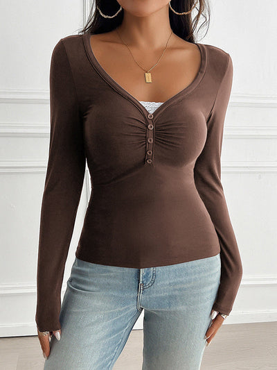 Long Sleeves Skinny Buttoned V-Neck T-Shirts Tops