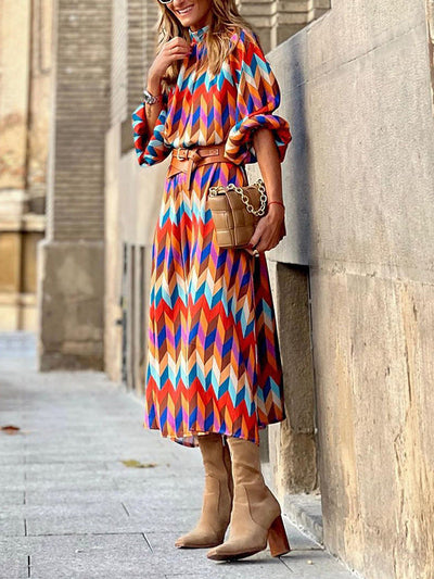 A-Line Long Sleeves Contrast Color Elasticity Pleated Stand Collar Midi Dresses