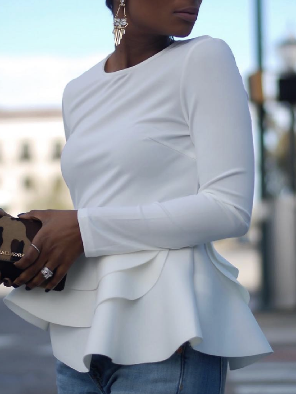 Elegant White Long Sleeve Peplum Top With Layered Ruffle Hem