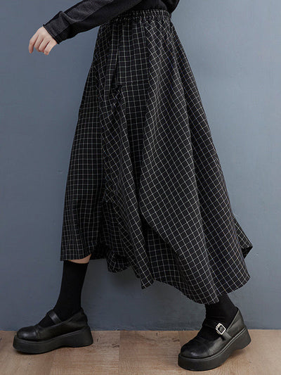Loose Irregular Clipping Plaid Asymmetric Elasticity Skirts Bottoms